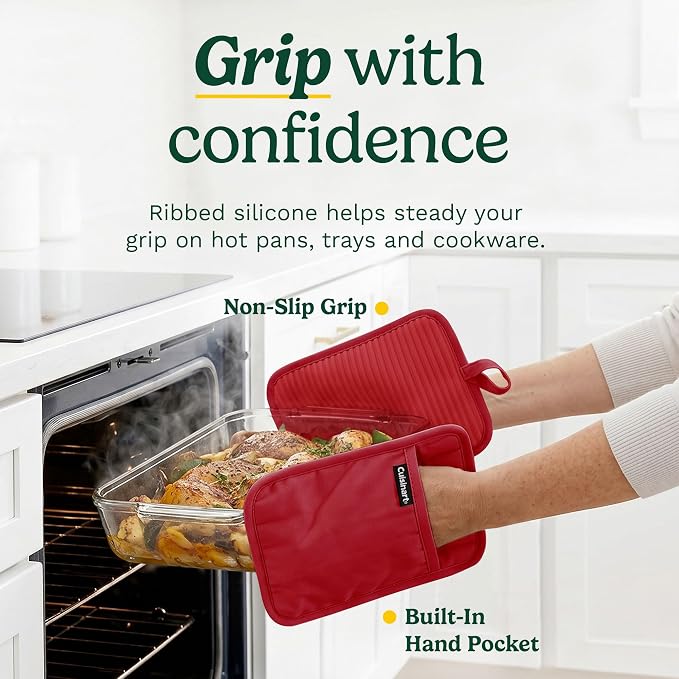 Cuisinart Silicone Pot Holders, Set of 2 7"x9", Heat Resistant 500F | Non-slip grip back is waterproof, hand pocket for secure hold, doubles as a trivet, wipe clean, hanging loop