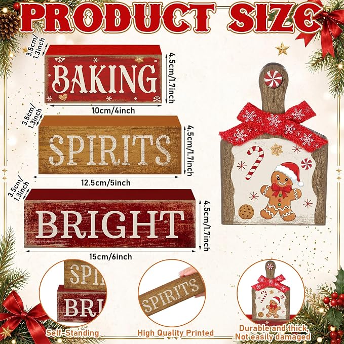 Lineshading 4 Pcs Gingerbread Baking Wood Block Signs, Farmhouse Decor | Rustic Tiered Tray Decor with Phrases, For Christmas Kitchen or Holiday Tabletop, Wooden Farmhouse Style