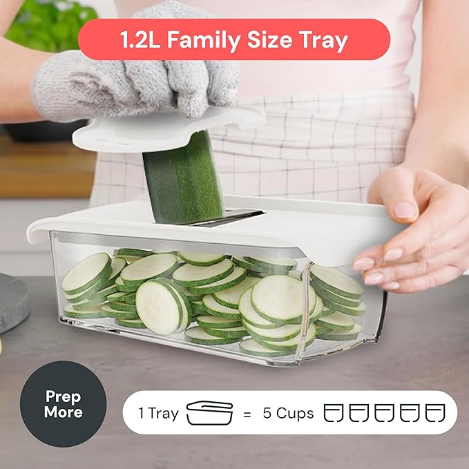 Fullstar Pro Mandoline Vegetable Slicer, Grater & Spiralizer with Container | 9 in 1 Fruit Cutter, Cheese Grater & Spiralizer with Safety Gloves, Stainless Steel Blades & Container (White)