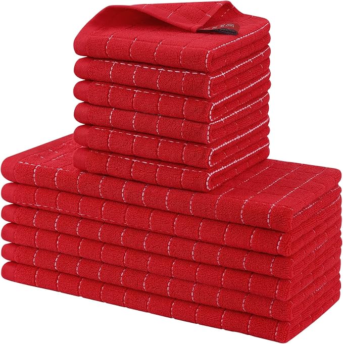 Homaxy Kitchen Towels and Dishcloths Set, Set of 12, Red | Bulk Cotton Terry Kitchen Towels, Checkered Designed, Soft and Super Absorbent Dish Towels, 12 x 12 and 13 x 28 Inches