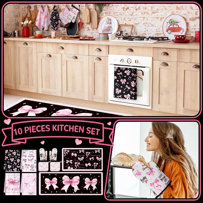Fourluoo 10 Pcs Bow Kitchen Dish Towels Rugs Oven Mitts and Pot Holders Set Farmhouse Kitchen Decor Set for Women Mom Daughter Gift Cooking Baking Grilling(Black, Pink)