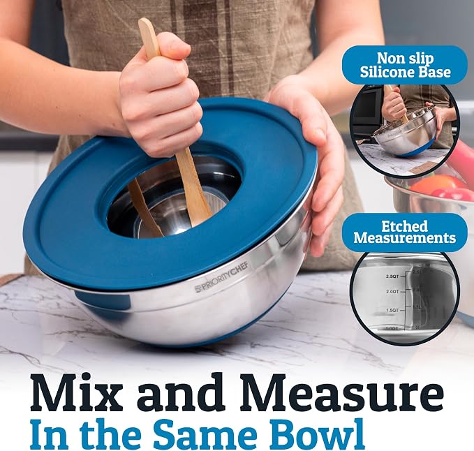 Priority Chef 6pc Stainless Steel Mixing Bowls with Lids Set, 7 Qt, Blue | Non-Slip Nesting Bowls, 3 Graters and Interior Measurement Marks; For Meal Prep, Baking and Airtight Fridge Storage