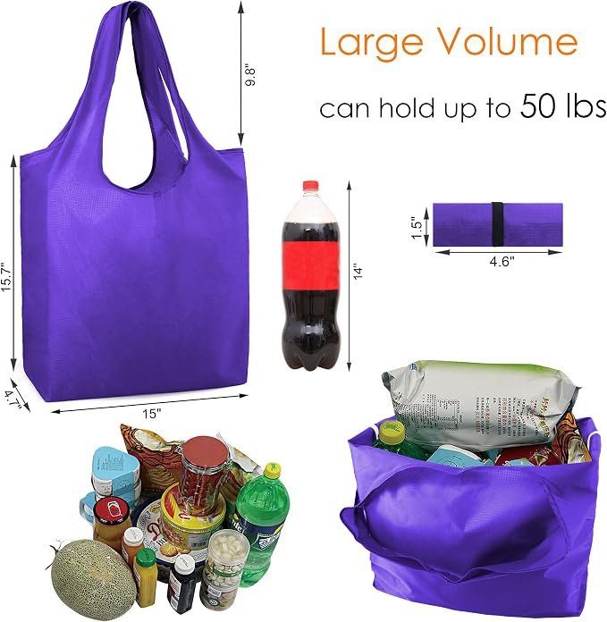 BeeGreen Purple Reusable Grocery Bags Wholesale Purple Reusable Kitchen Bags Bulk Foldable-Machine Washable with Zipper Storage Pouch 20 Packs