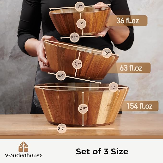 Wooden Salad Bowl Set of 3, Round 12" 10" 8" Wood Bowls for Serving Food | Rustic handcrafted trio in large, medium and small; warm natural tones for mixing, popcorn and table decor