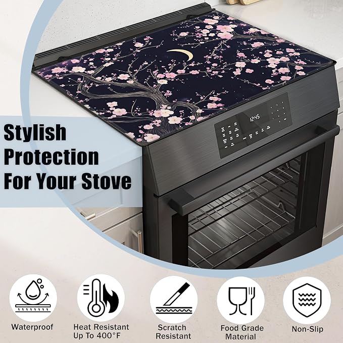 Electric Stove Top Cover,Pink Peach Blossom Stove Cover for Glass Top Electric Stove,Moon Night Heat Resistant Flat Top Stove Mat Countertop Protector, 28 x 20 Inch