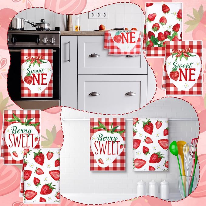 4 Pcs Strawberry Kitchen Towels Berry Hand Dish Towels Gift | Absorbent White Red Grid Tea Towel Fast Drying Housewarming Gift for Kitchen Bathroom Holiday Summer Strawberry Party Decor