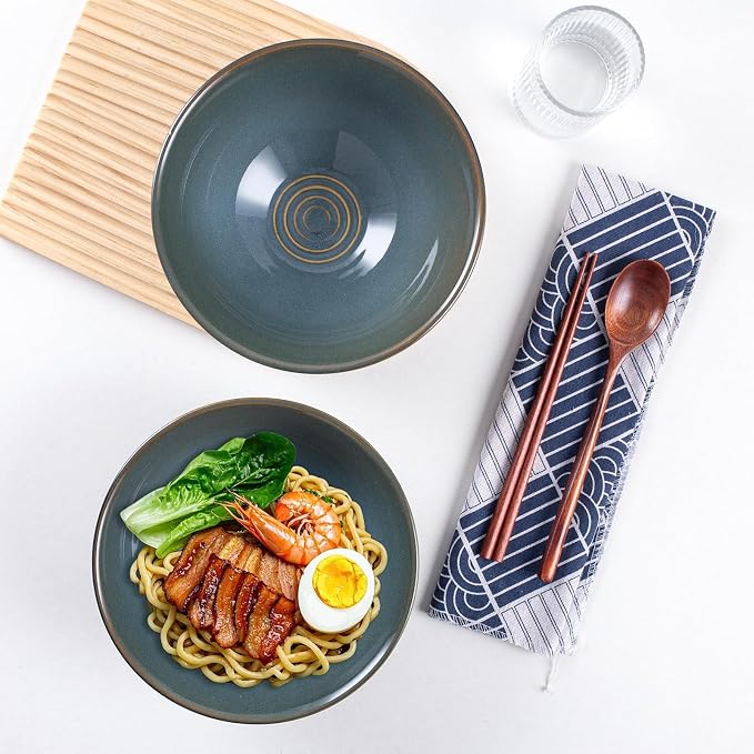 Ceramic Japanese Ramen Bowl Set, 2 Sets Asian Pho Udon Soup Noodle Bowls with Spoons and Chopsticks (Olive Green, 8 inches)