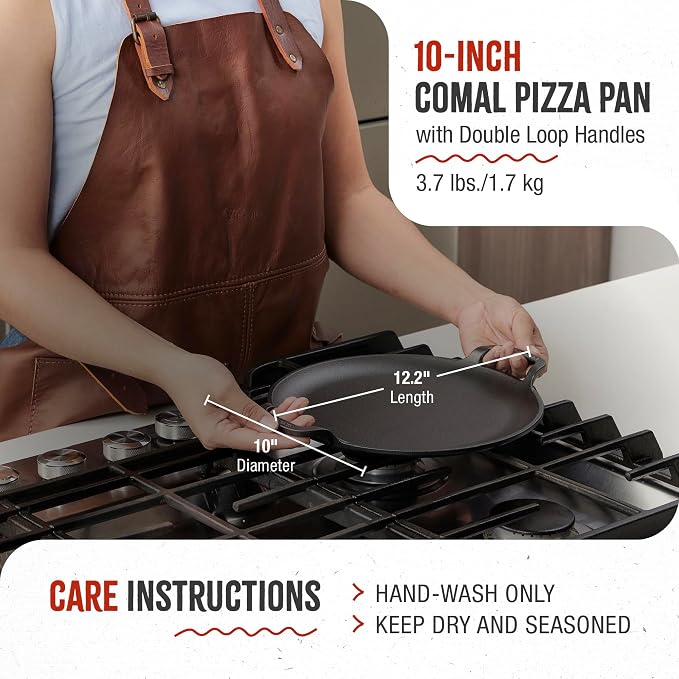 Victoria 10-Inch Cast Iron Comal Pizza Pan with 2 Side Handles, Preseasoned with Flaxseed Oil, Made in Colombia, Black