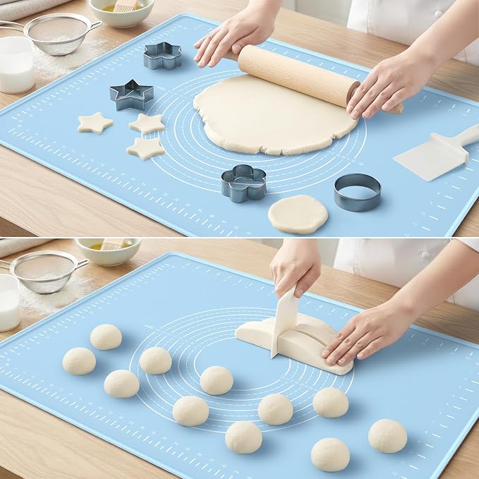 24x16 Silicone Rolling Mat Non-Stick Food Grade Baking Mat w/Measurements | Non-slip edges, heatproof silicone, nonstick, measuring guides, oven/dishwasher safe, tearproof, easy clean.