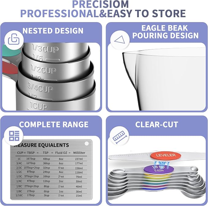 Measuring Cups and Spoons Set for Cooking & Baking, 5 Stainless Steel Magnetic Measuring Cups, 3 Plastic Measuring Cup, 7 Magnetic Measuring Spoons, 1 Leveler, 1 Measuring Conversion Chart