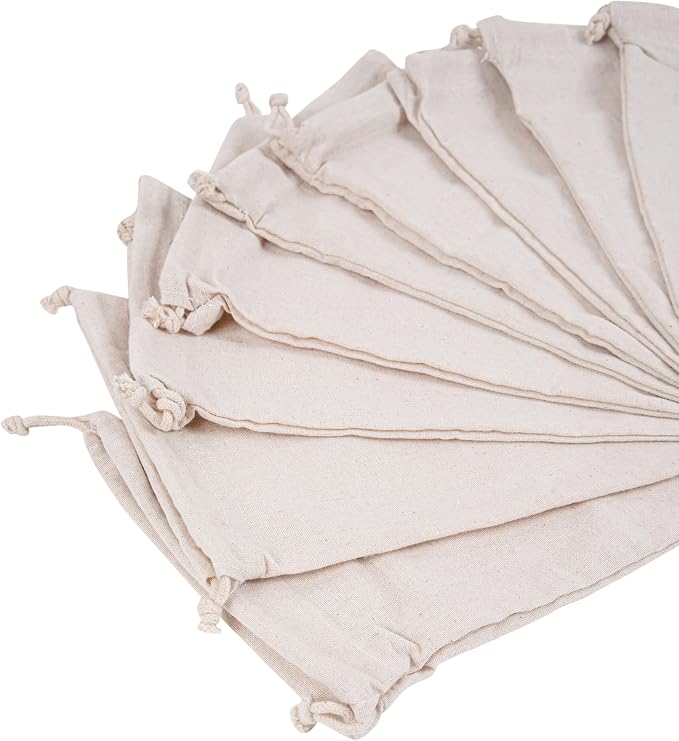 Marubhumi Cotton Storage Bags with Drawstrings Small 5x7 Inch - 12 Pcs Reusable Muslin Bulk Flour Sack Bag,Cotton Fabric Bread Bags Bulk Food Produce Natural Storage Bag