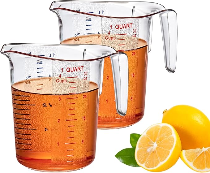 Melissa - 32-Ounce Plastic Measuring Pitcher (2-Pack), 4-Cup (1-Quart) Food-Grade Measuring Jug, Unbreakable, Stackable, Dishwasher-Safe, Great for Oil, Vinegar, Flour, and More
