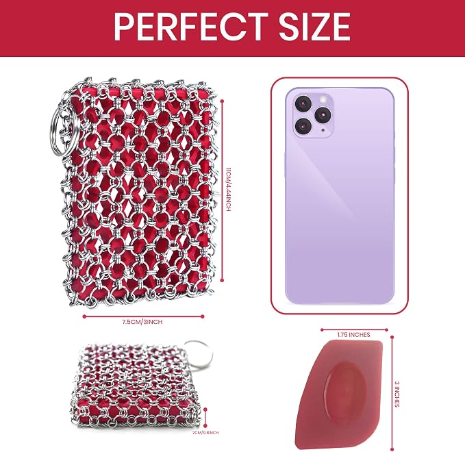 316L Cast Iron Scrubber Kit + Pan Scraper, Silicone Sponge, Dishwasher Safe | Cast Iron Chainmail Scrubber - Skillet Cleaner Scrubber - Cast Pan Scrubber Cleaner - Chainmail Chain Scrubber
