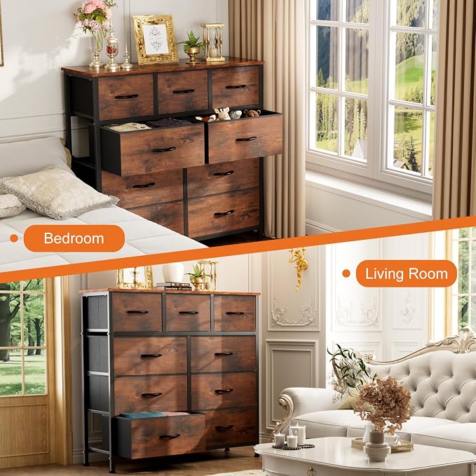 Sweetcrispy 9 Drawer Fabric Dresser Storage Tower Drawer Organizer, Brown | Sturdy Steel Frame with Wood-top, Easy-pull Handle, Space-Saving Organizer Chest for Bedroom, Closet, Lightweight and Stable