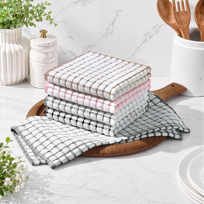 Homaxy 12 Pack Terry Kitchen Dish Cloths, 12"x12", Black/Grey/Pink/Brown | Super Soft and Absorbent Dish Rags, Quick Drying Reusable Dish Towels for Washing Dishes
