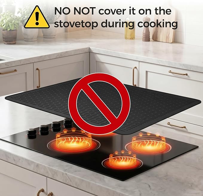 YUHFERA Stove Top Cover for Electric Stove - Silicone Stove Mat for Glass Top, Glass Cooktop Protector, XL Dish Drying Mats For Kitchen,Oven Covers for Electric Stove (Black,28 x 20)