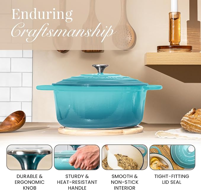 Cast Iron Dutch Oven with Lid - Non-Stick Ovenproof Enamelled Casserole Pot - Sturdy Dutch Oven Cookware - Teal, 5- Quart, 24cm- by Nuovva