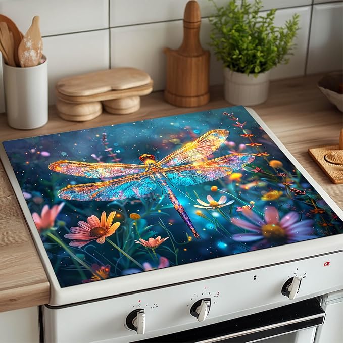 HOMETITUTE Dragonfly Stove Top Cover 28x20 Glowing Wings Diatomite Mat