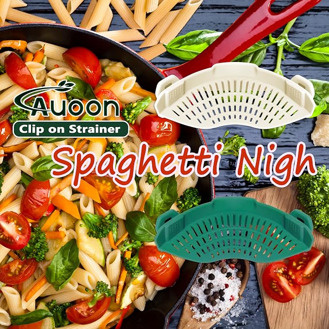 AUOON Pasta Strainer Clip on Silicone, Standard 8.86 x 3.55 in, White | BPA-free, Fits All Pots Pans Bowls, Dishwasher Safe, for Meat Noodles Vegetable Fruits, Space-saving Kitchen Gadget