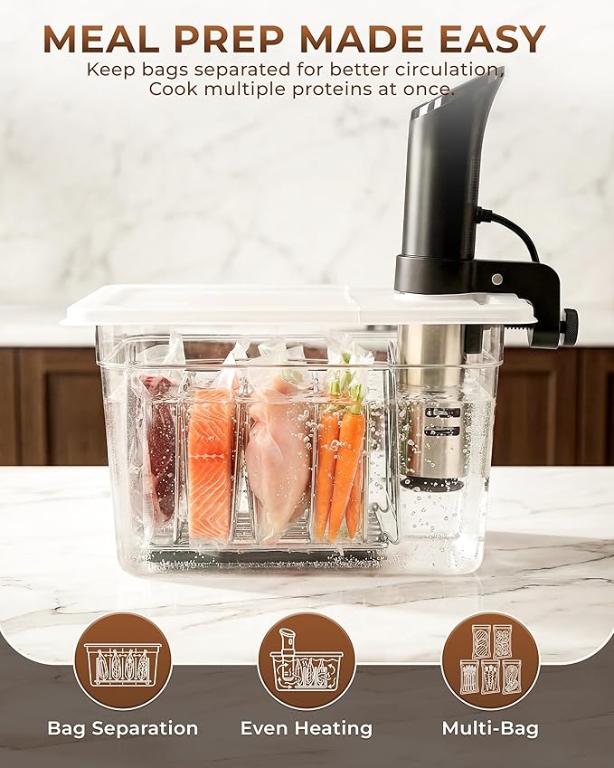 EVERIE 12 Quart Sous Vide Container with Collapsible Hinged Lid + Wobble-Free Stainless Steel Rack Divider + Insulating Neoprene Sleeve — NSF Approved Container, BPA-Free Lid, Fits Anova & Instant Pot