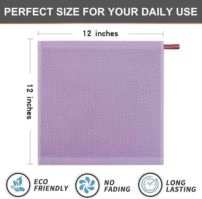 Kitinjoy 100% Cotton Waffle 6-Pack Kitchen Towels, 12" x 12", Lavender | Ultra Absorbent, Super Soft, lightweight, Quick Drying Dish Rags for Washing Dishes