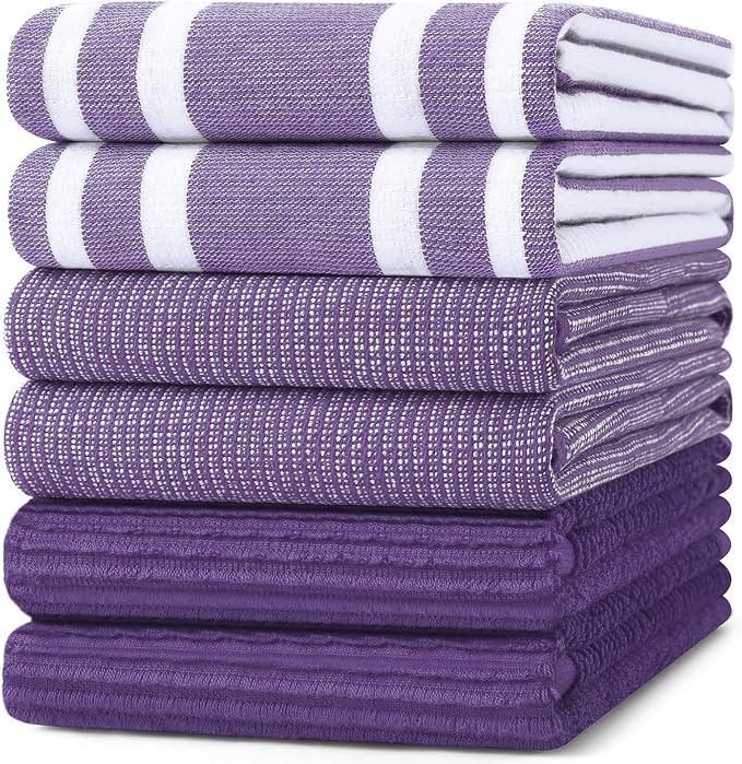Homaxy Cotton 380 GSM Premium Kitchen Towels, 18"x 28", 6 Pack, Purple | Soft and Absorbent Terry Dish Towels, Multipurpose Tea Towel Set with Hanging Loop, 3 Styles Kitchen Hand Towels