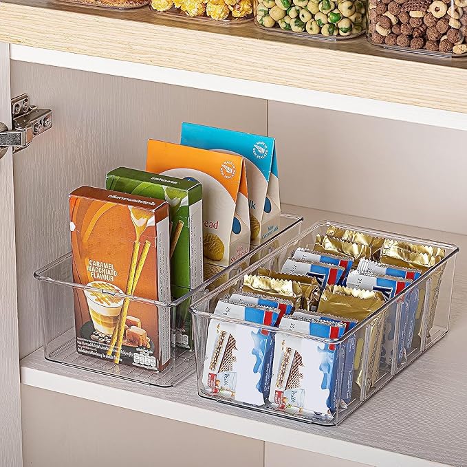 Vtopmart 10 Pack Food Storage Organizer Bins, Clear Plastic, 4 Compartments | For Pantry, Kitchen, Fridge and Cabinet Organization, Organize Food Packets, Snacks, Pouches and Spice Packets