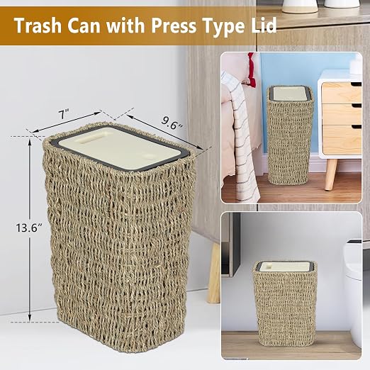 Trongee Boho Trash Can with Lid,3 Gallon Small Rattan Trash Can with Press Top Lid,Slim Wicker Waste Basket and Hamper 2 in 1 for Bathroom,Seagrass Woven Garbage Can Trash Basket for Bathroom,Kitchen