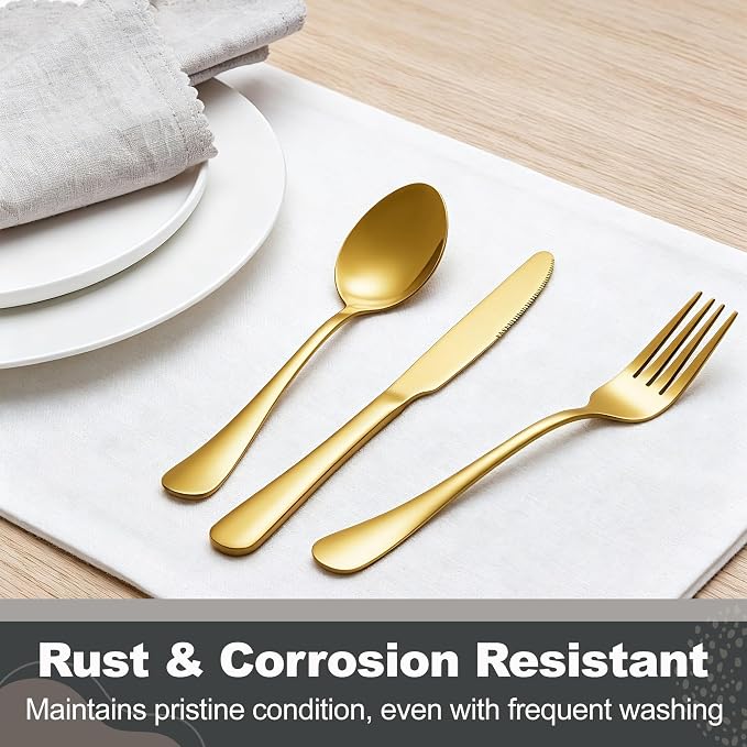 Runfly 40-Piece Gold Flatware Set, Stainless Steel Cutlery Set for 8 | Mirror Polished Durable Utensil Set Includes Knife Fork Spoon for Home Kitchen Restaurant Tableware