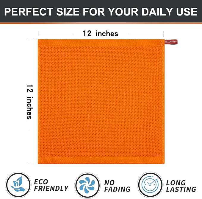 Kitinjoy 100% Cotton Waffle 6-Pack Kitchen Towels, 12" x 12", Orange | Ultra Absorbent, Super Soft, lightweight, Quick Drying Dish Rags for Washing Dishes