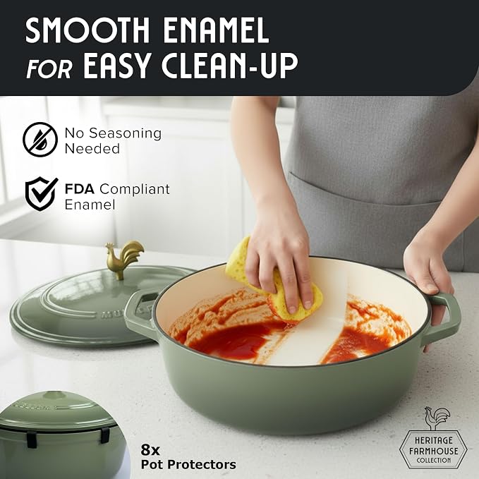 MUELLER HOME 5.5 Quart Enameled Cast Iron Oval Dutch Oven w Rooster Knob & Cotton Potholders, Heavy-Duty Cookware, Oven-Safe up to 500° F & Across All Cooktops, Gifts for Grandma & Women, Thyme Green | w Rooster Knob & Cotton Potholders, Heavy-Duty Coo...