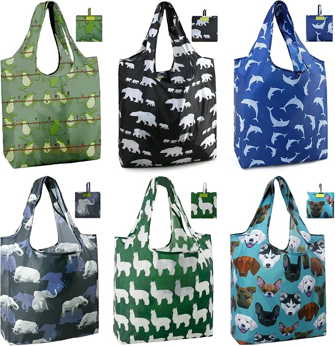 BeeGreen Animal Reusable Shopping Bags Cute Grocery Bag 6 Pack, Christmas Gift Bags Heavy-Duty Foldable Shopping Totes for Supermarket, Work & Travel, Large Washable Polyester Tote Bag with Handles