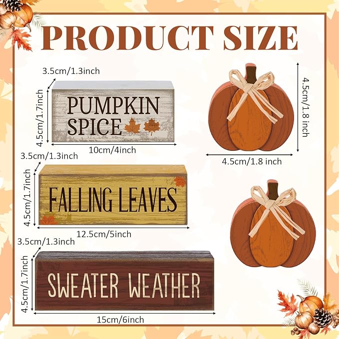 Lineshading 4 Pcs Fall Pumpkin Decor Fall Table Decoration Thanksgiving | Rustic Block Signs with Fall Sayings, Tiered Tray Farmhouse Decor for Autumn Table, Wood Pumpkins Topper with Jute Bows