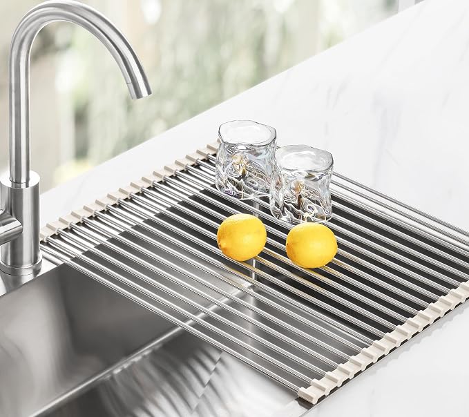 Tomorotec Roll Up Dish Drying Rack Over Sink, 304 Steel, 21x15.5, White | Anti-Slip Silicone Rims For Grip, Heat-Resistant Trivet Mat Holding Heavy Cookware, Rustproof Kitchen Counter Space Saver