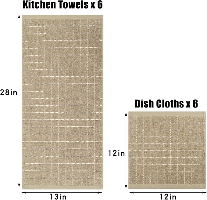 Homaxy Kitchen Towels and Dishcloths Set, Set of 12, Tan | Bulk Cotton Terry Kitchen Towels, Checkered Designed, Soft and Super Absorbent Dish Towels, 12 x 12 and 13 x 28 Inches