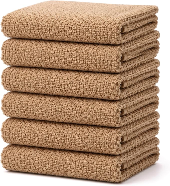 Bumble Kitchen Towels 6 Pack 100% Cotton 16"x26" - Tan Solid | 430 GSM Soft Kitchen Hand Towels with Hanging Loop, Highly Absorbent & Durable for Washing and Drying Dishes