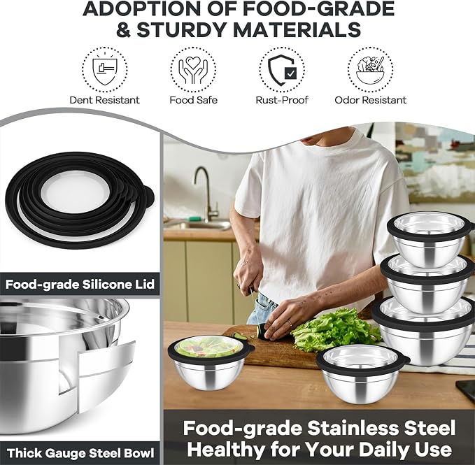 TeamFar Mixing Bowls Set, 4.5/3/1.5/1/0.7 QT Salad Bowl with Lids, Black | Stainless Steel Nesting Bowls with Visible Airtight Lids, For Serving/ Mixing/ Storing, Non-Toxic & Dishwasher Safe, Set of 5