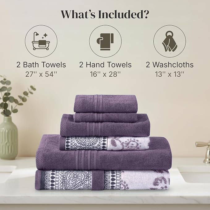 Modern Threads 6 Piece Bath Towel Set – Bathroom Set with 2 Bath Towels, 2 Hand Towels, and 2 Wash Cloths – 100% Cotton, Super Absorbent & Extra Soft – Reversible Floral Trail (Purple)