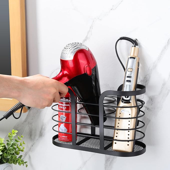 YIGII Blow Dryer Holder, Adhesive Wall Mount Bathroom Organizer, Black | Hot Tool Storage for Hair Dryers and Electric Shavers, Space-Saving Design with No Drill Installation for Bathroom Counters