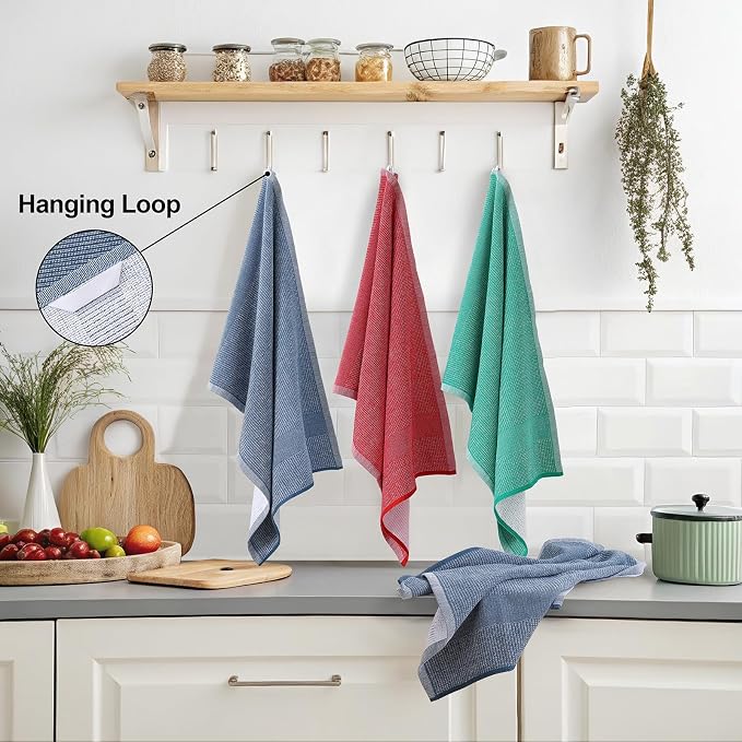 Mordimy Cotton Kitchen Towels (18"x 28", 3 Pack), Navy Blue/Red/Green | 100% Ring Spun Cotton, Super Absorbent, 380 GSM, Flat & Terry, Soft, Hanging Loop Dish Towels