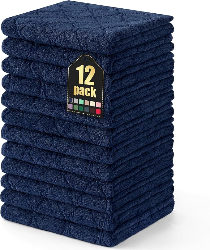 Homaxy 12 Pack Super Soft Absorbent Dish Towels, 13" x 19", Navy Blue | Coral Velvet, Nonstick Oil Fast Drying Microfiber Cleaning Cloth, No Lint Dishcloths for washing and drying
