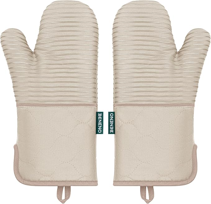 Beneno Heat Resistant 500°F Kitchen Oven Mitts 2-Pack, 7.5"x14.3", Beige | Textured Non-Slip Silicone Grip, Extra Long Forearm Protection, Soft Quilted Cotton Terry Lining, Ideal for Baking & Grilling
