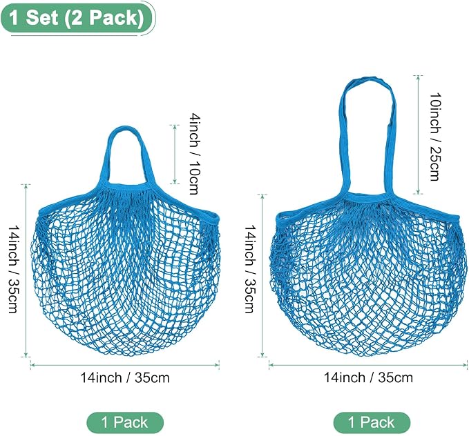 M METERXITY 2-Pack Cotton Mesh Bag, Reusable Washable Mesh Net String Grocery Bags, Reusable Produce Bags with Handle, Net Tote Bag for Fruits/Vegetables Shopping [Blue, Long&Short Handle]