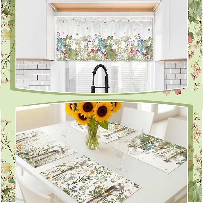 Fourluoo 16 Pcs Wildflower Floral Kitchen Decor Set Spring Kitchen Towels and Dishcloth Non Slip Rug Floor Mat Farmhouse Flower Oven Mitts and Pot Holder Retro Curtain Set for Home Decoration Gift