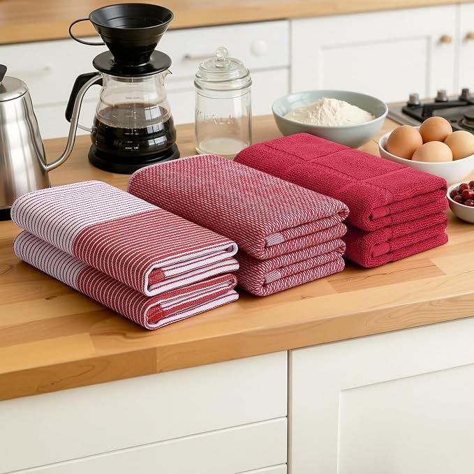 Homaxy 9 Pack Cotton Terry Premium Kitchen Towels, 18 x 28 in, Red | Large 380 GSM Dish Towels, Highly Absorben Flat & Terry Kitchen Hand Towels, Soft Utility Tea Towel Set with Hanging Loop