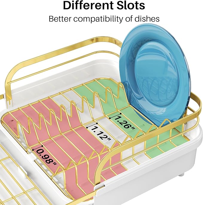 SNTD Expandable Dish Drying Rack for Kitchen Counter, 15.2-22.1 in, Gold | Rust-Resistant Stainless Steel, Protective Side Rails, Self-Draining Drainboard, Removable Utensil Holder