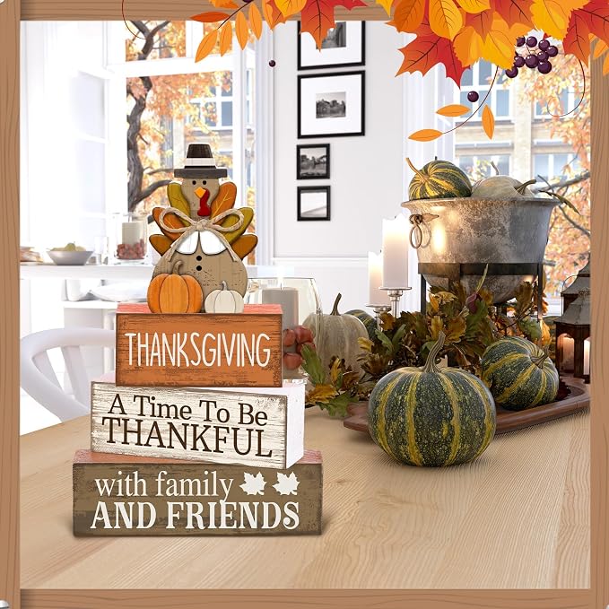 Lineshading 4 Pcs Fall Decoration For Home Wooden Thanksgiving Turkey Decor | Rustic Farmhouse Stacked Sign Blocks, Tiered Tray Tabletop Decor, Thankful Message for Home Family Gatherings