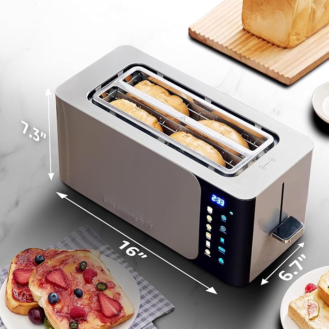Elite Gourmet ECT5924D SmartToast Digital 4-Slice Toaster, 1370W, Steel | Touch Screen, 6 Shades & 6 Bread Types, Extra-Wide 1.5" Slots Fit Bagels & Texas Toast, Defrost & Reheat - Even Heat