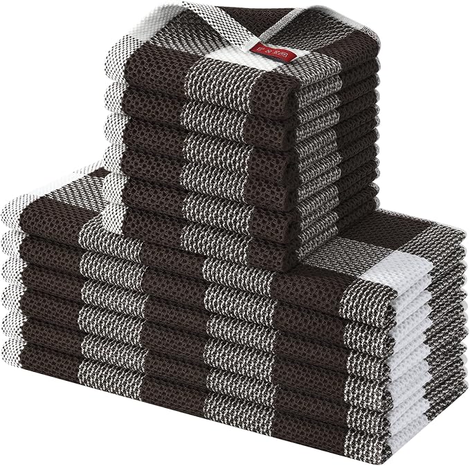 Homaxy Kitchen Towels and Dishcloths Set, Set of 12, White & Dark Brown | Bulk Cotton Waffle Weave Check Plaid Kitchen Towels, Super Soft and Absorbent Dish Cloths, 12 x 12 and 13 x 28 Inches