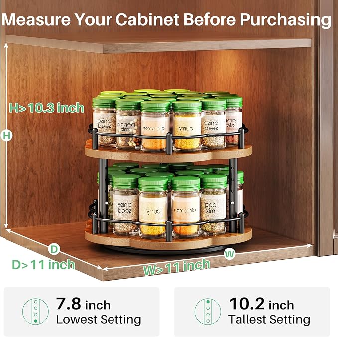 SNTD 2-Tier Lazy Susan Spice Rack Organizer for Cabinet, Wood, 10 in | Petal-Inspired Design, Height Adjustable, Easy Access to Every Spice, Rotating Seasoning Turntable for Countertop & Pantry